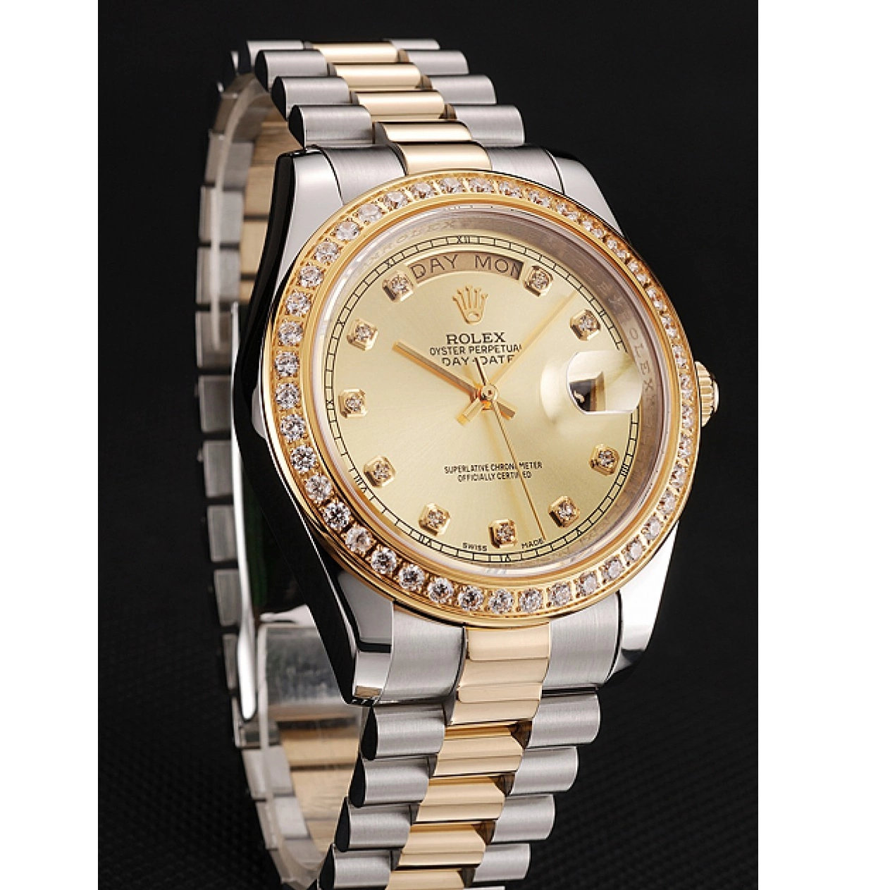 Aaa replica Champagne Tone Rolex 1453974 Steel Bracelet Gold Case Day-Date Stainless Two Diamond Dial Swiss 0627